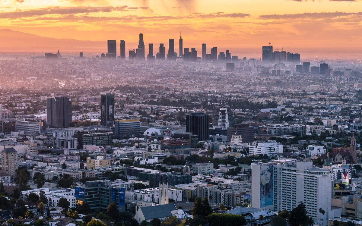Downtown Los Angeles skyline at sunset, seen across Los Angeles County