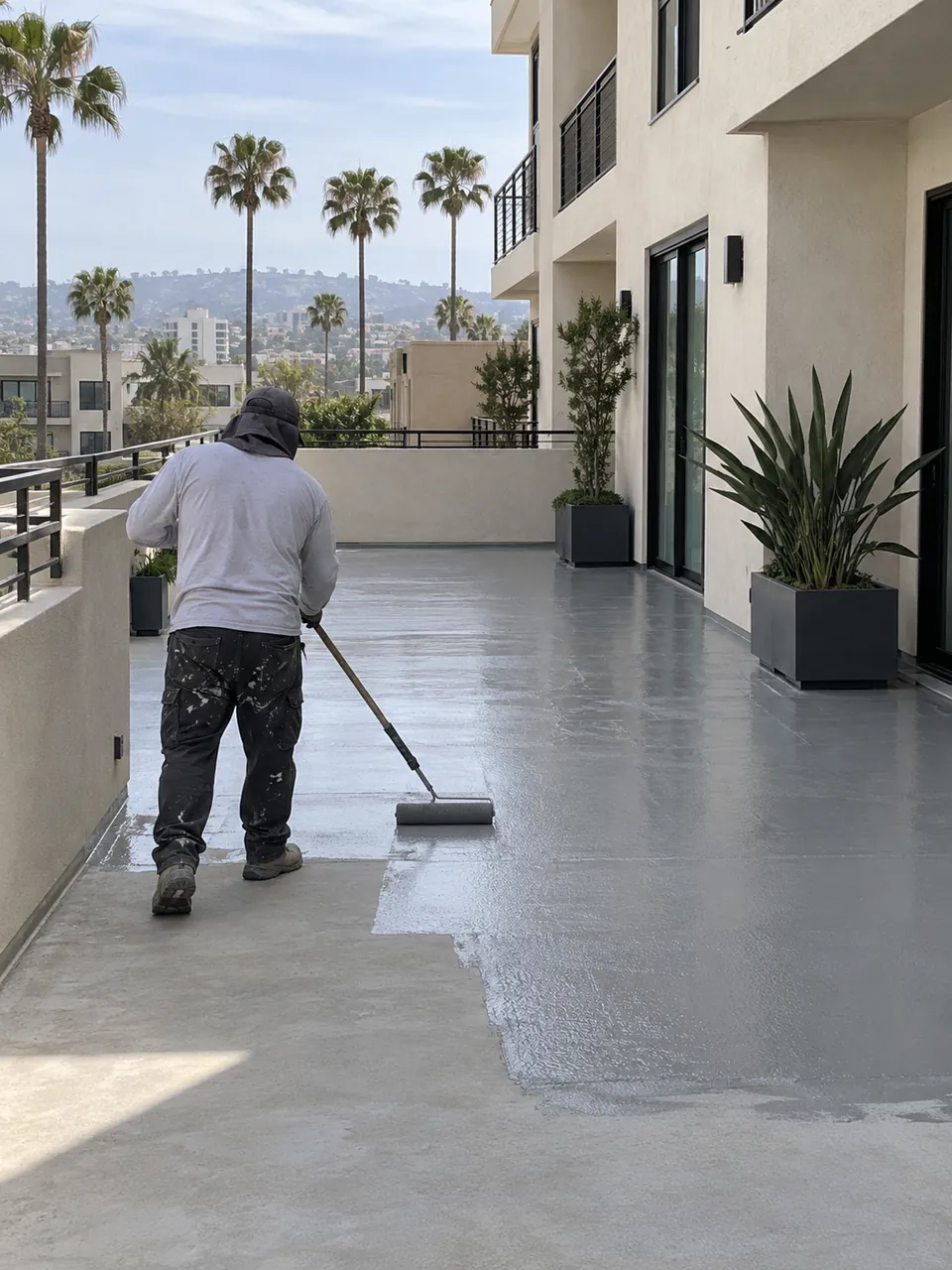 Premium waterproofing service in Newport Beach, CA with protective membrane installation on a waterfront condominium terrace