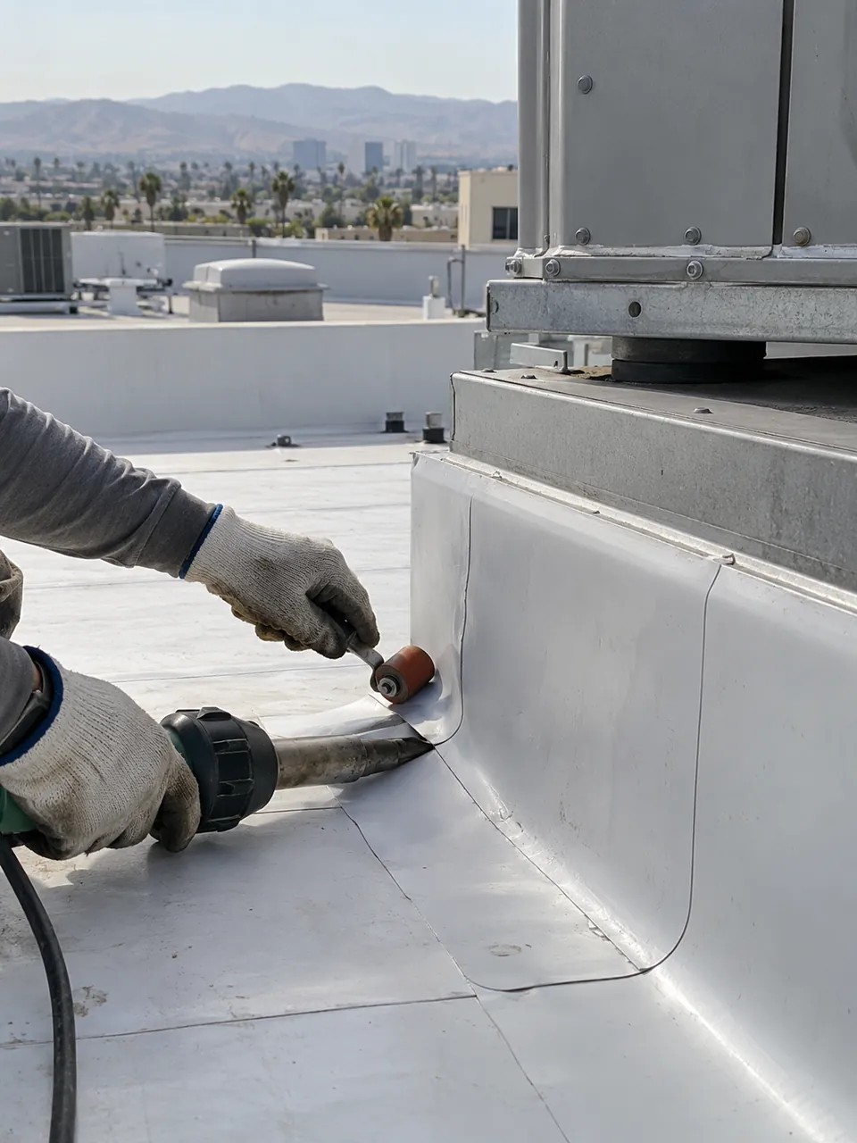 Thorough waterproofing service in Corona, CA with detailed membrane application around concrete deck joints and balcony transitions