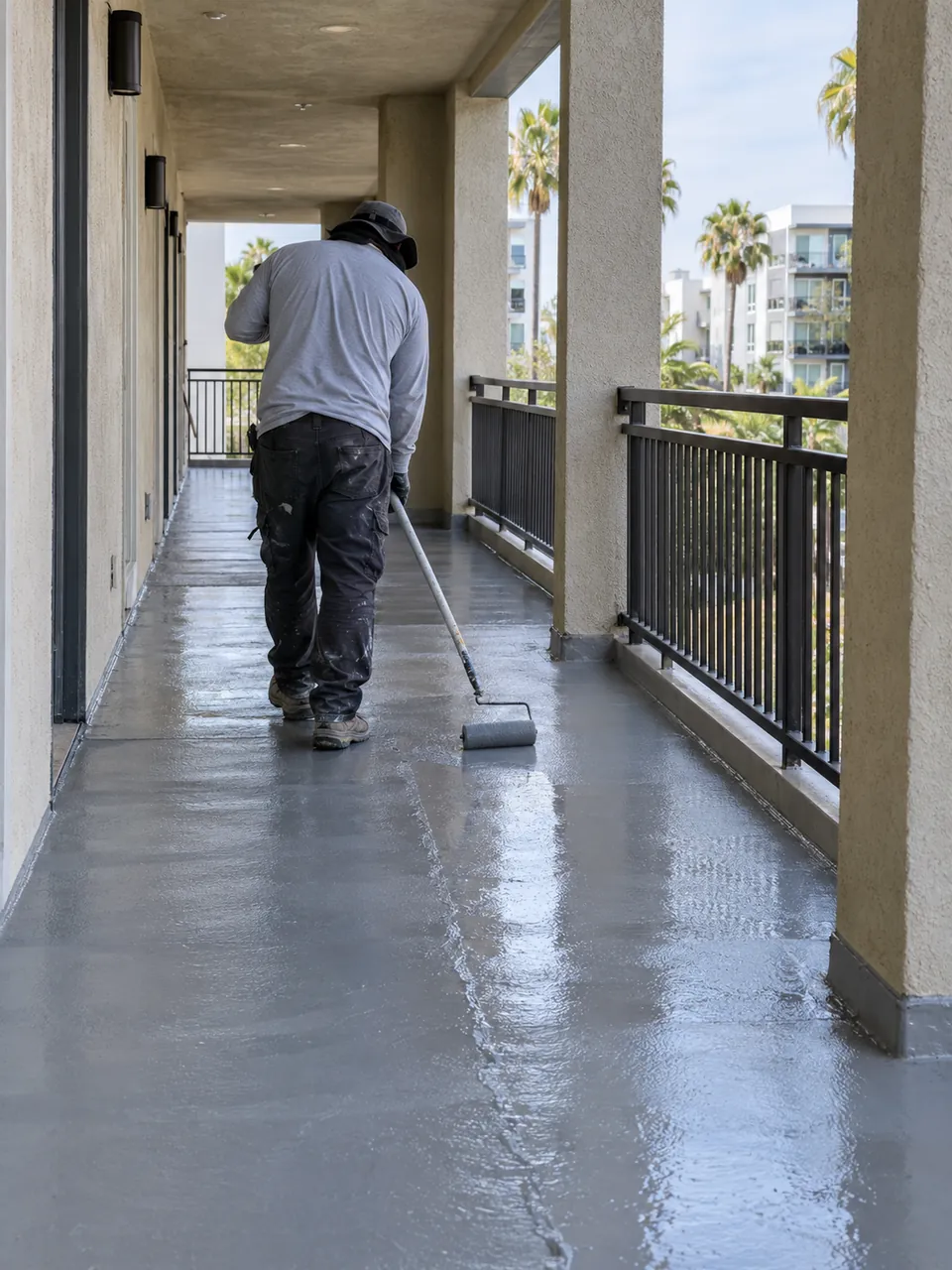 Waterproofing membrane protecting aging apartment balconies and exposed concrete walkways in Garden Grove, CA