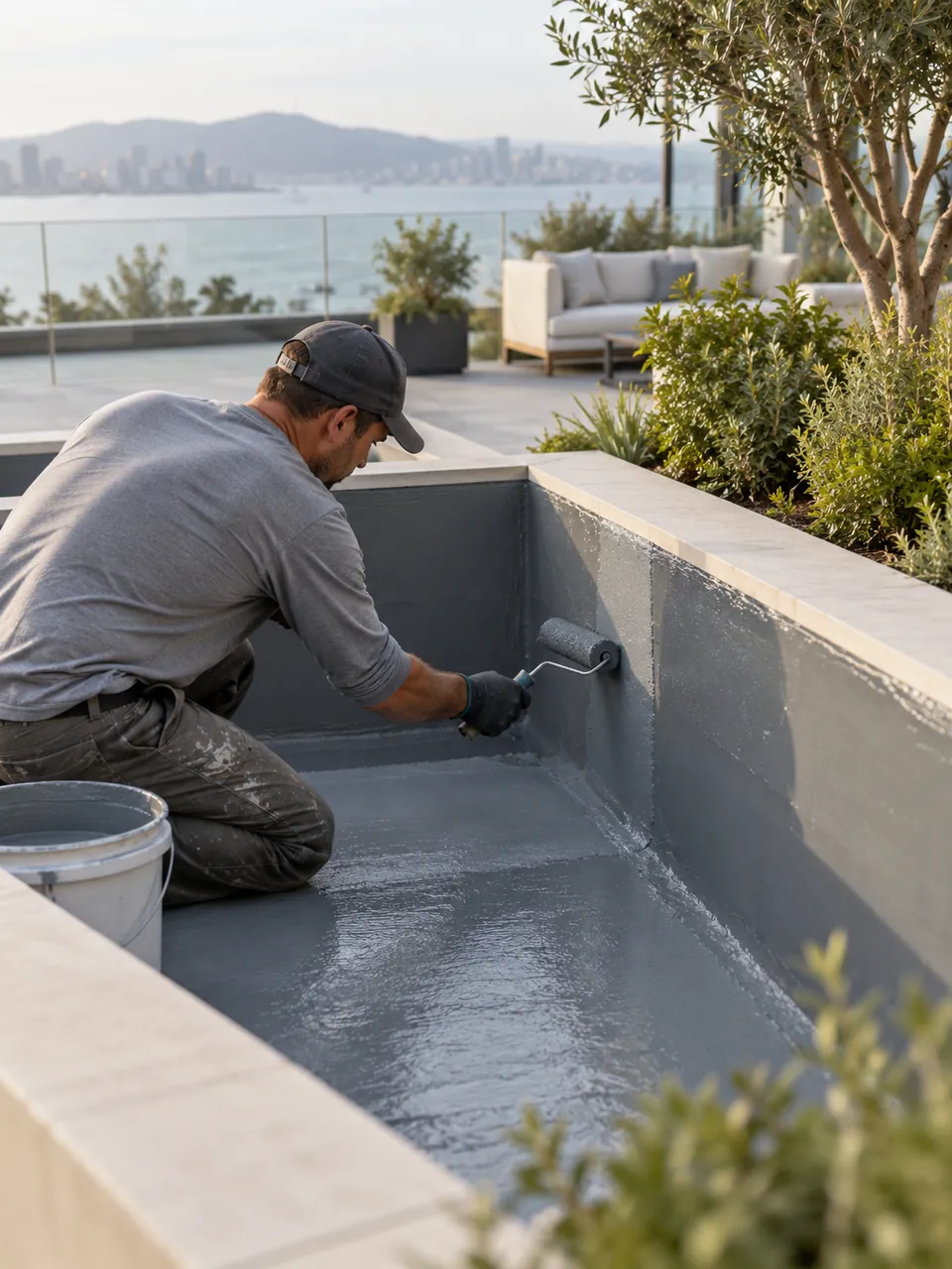 Waterproofing membrane protecting coastal condominium balconies and elevated commercial terraces across Orange County, CA