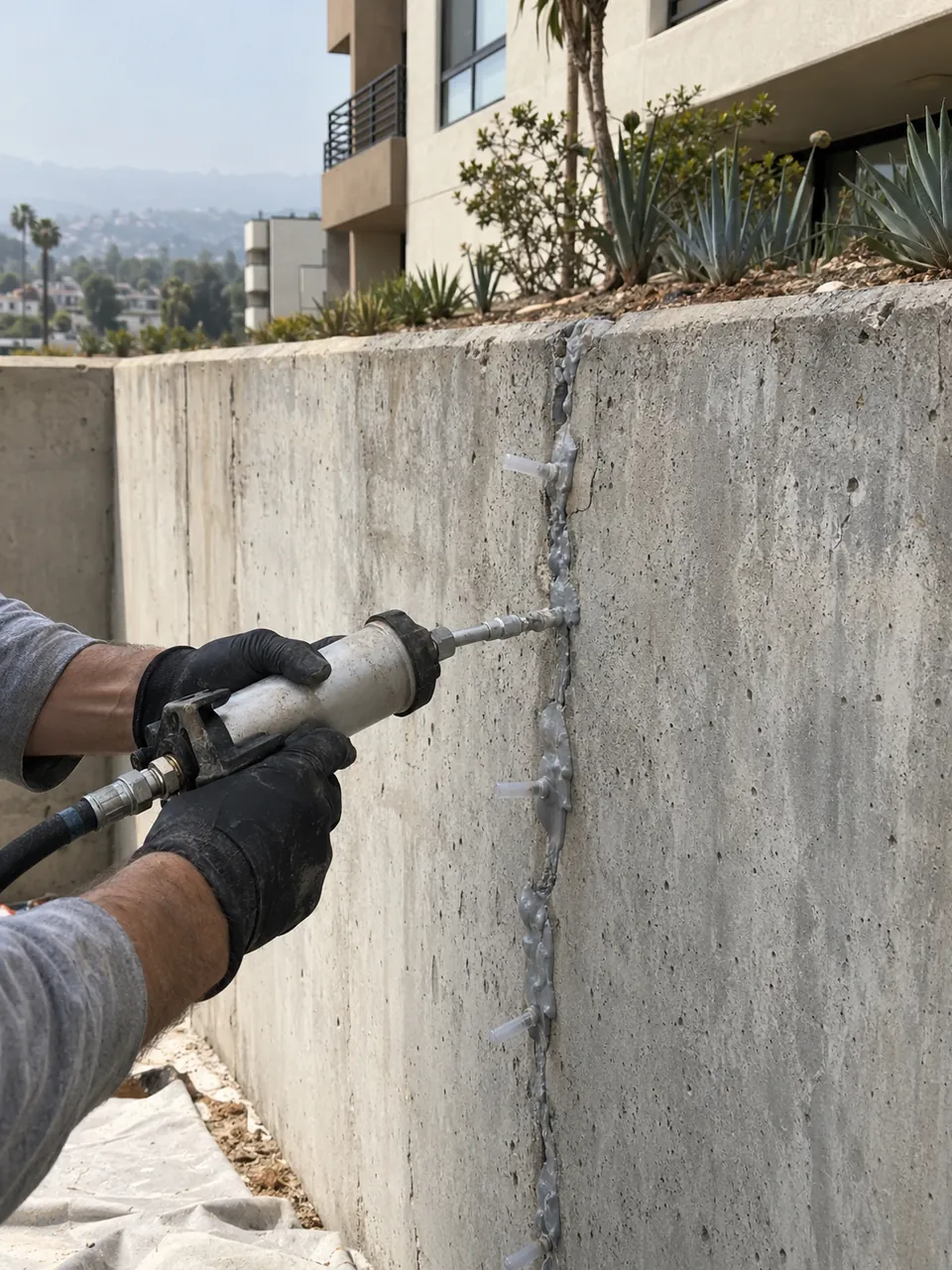 Waterproofing membrane protecting hillside retaining walls and below-grade concrete structures in Riverside, CA