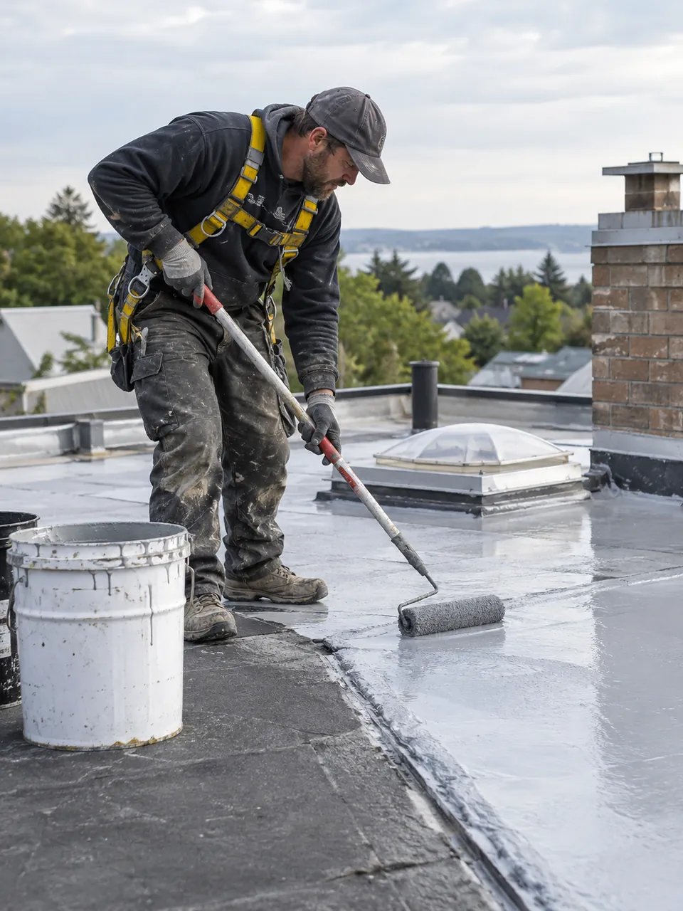 Professional waterproofing service in Los Angeles County, CA with membrane installation on a commercial building deck
