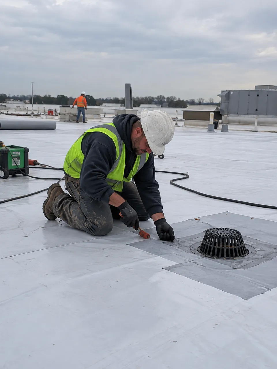 Dependable waterproofing service in Santa Ana, CA with membrane detailing around commercial deck drains and concrete joints