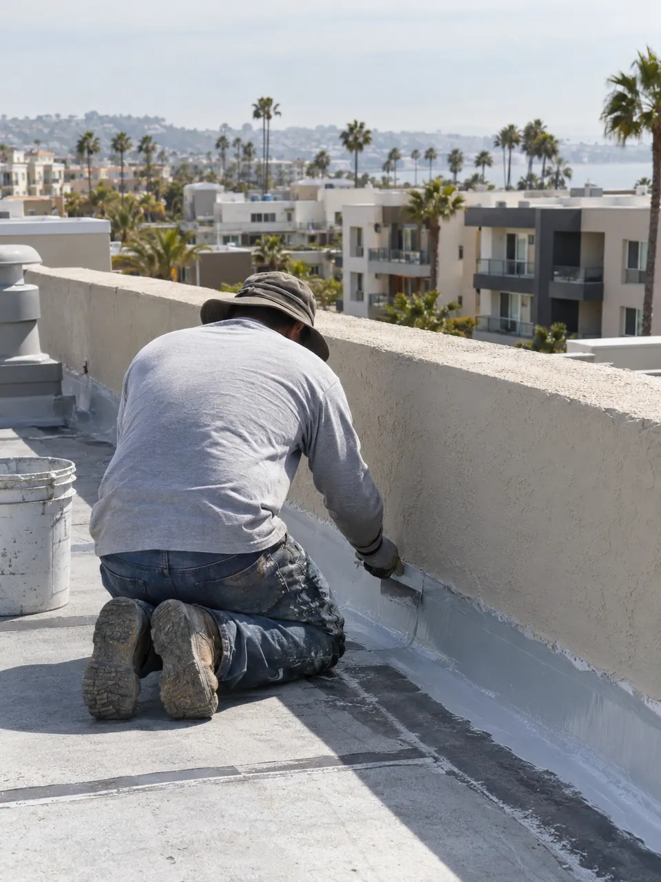 Dependable waterproofing service in Moreno Valley, CA with membrane detailing around commercial deck drains and structural joints